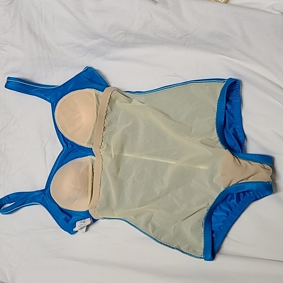 1980s Maxine of Hollywood Turquoise Blue One Piece Ruched Swimsuit Sz 14 - Picture 9 of 13